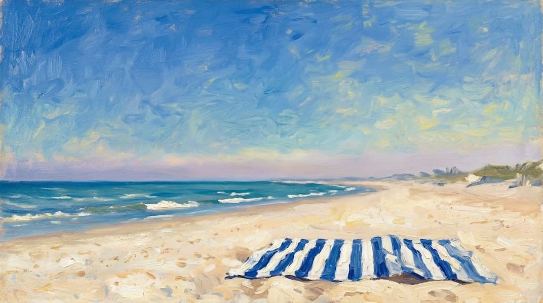 Foto de uma praia vazia com uma toalha estendida na areia